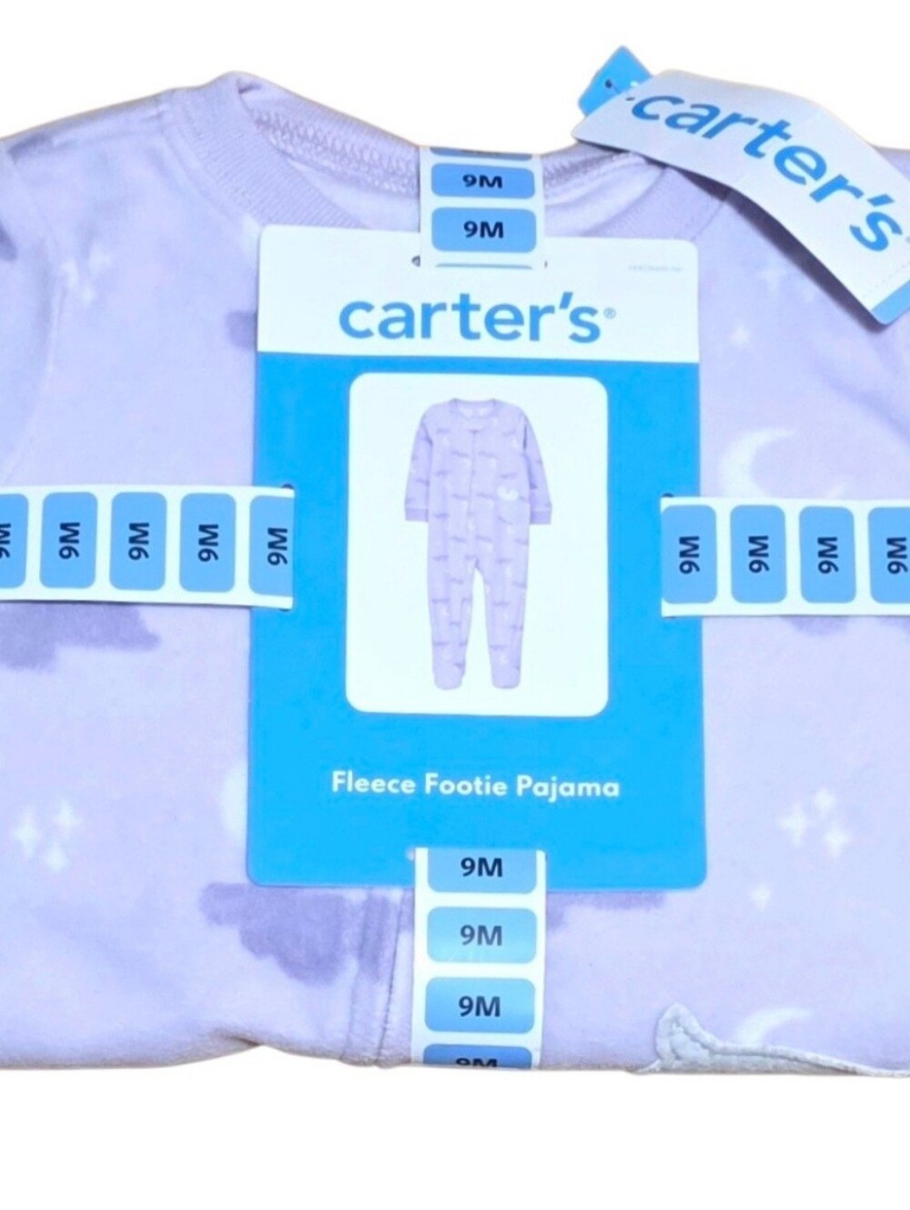 Carter's Lavender Moon Fleece Footie Pajama - 9M 2 Way Zip Owl Stars Clouds